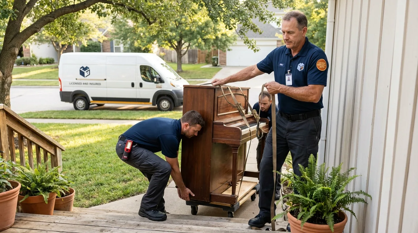 Licensed piano movers securing grand piano in Galena, IL