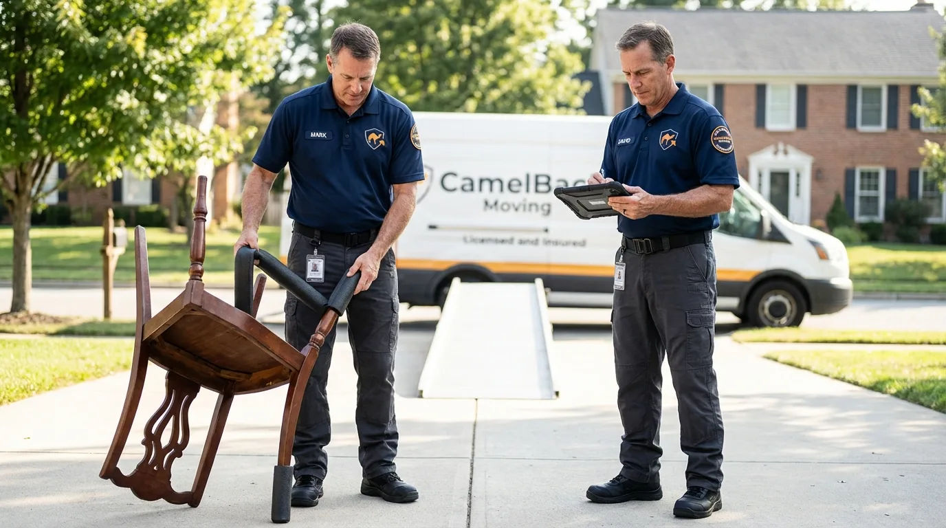 Movers inspecting furniture for damage prevention before loading in Galena, IL