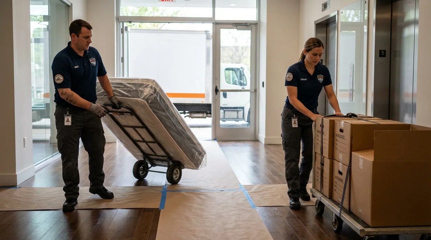 Professional apartment movers loading elevator in Galena, IL